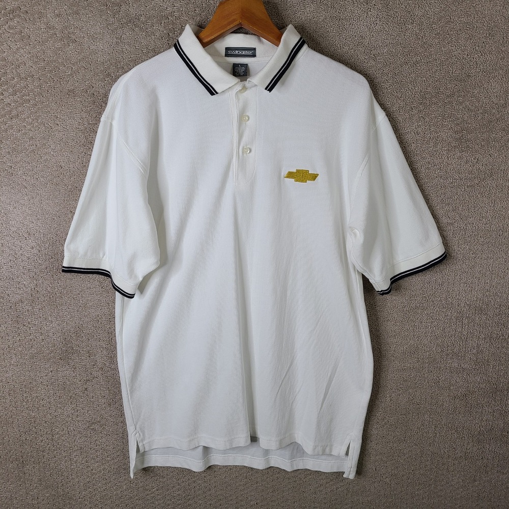 Swingster Shirt Men L White Polo Chevrolet Logo Short Sleeve Cotton Blend Casual